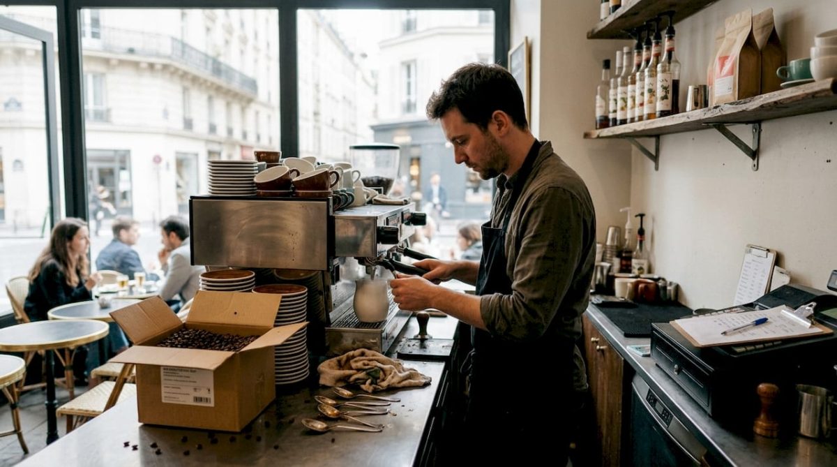Barista en charge de la gestion des stocks dans un café parisien