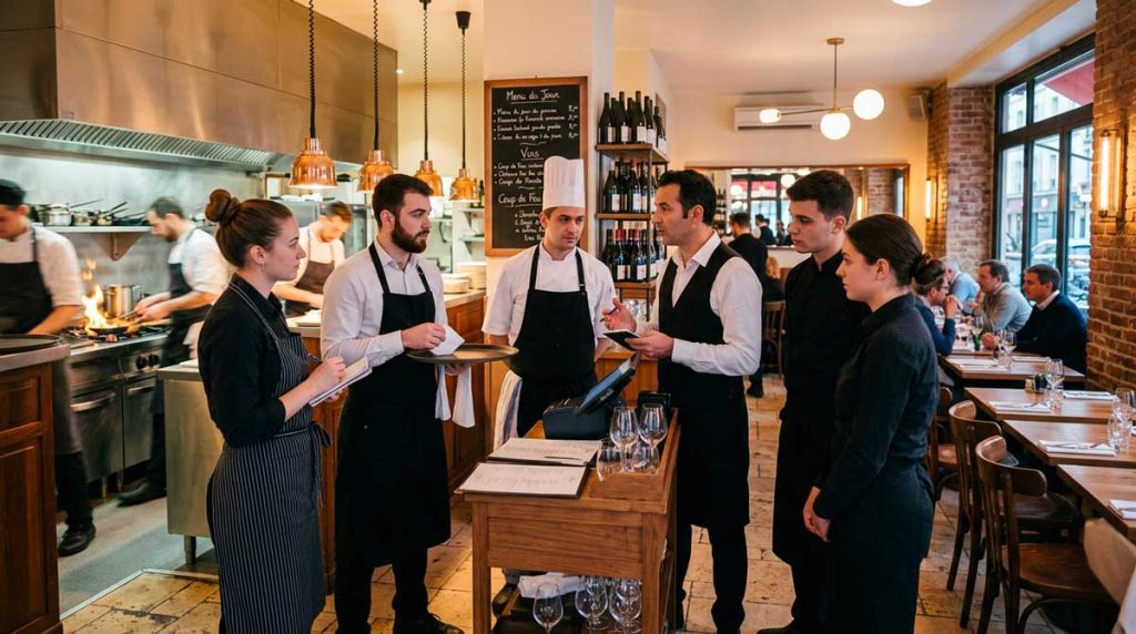 Scène réaliste dans un restaurant français en plein service, manager échangeant brièvement avec son équipe avant le coup de feu, serveurs et cuisiniers concentrés, ambiance organisée et fluide, pas de chaos, sensation de coordination et de management efficace, décor bistrot moderne