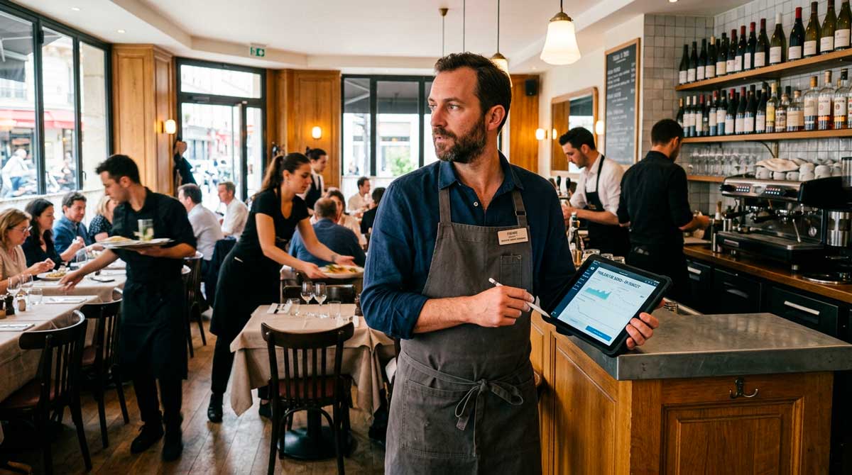 gérant de restaurant en train de piloter son établissement, debout entre la salle et le comptoir, regardant à la fois un tableau de bord sur tablette et l’activité en salle, ambiance bistrot contemporain français, équipe en mouvement en arrière-plan, stock de boissons visible