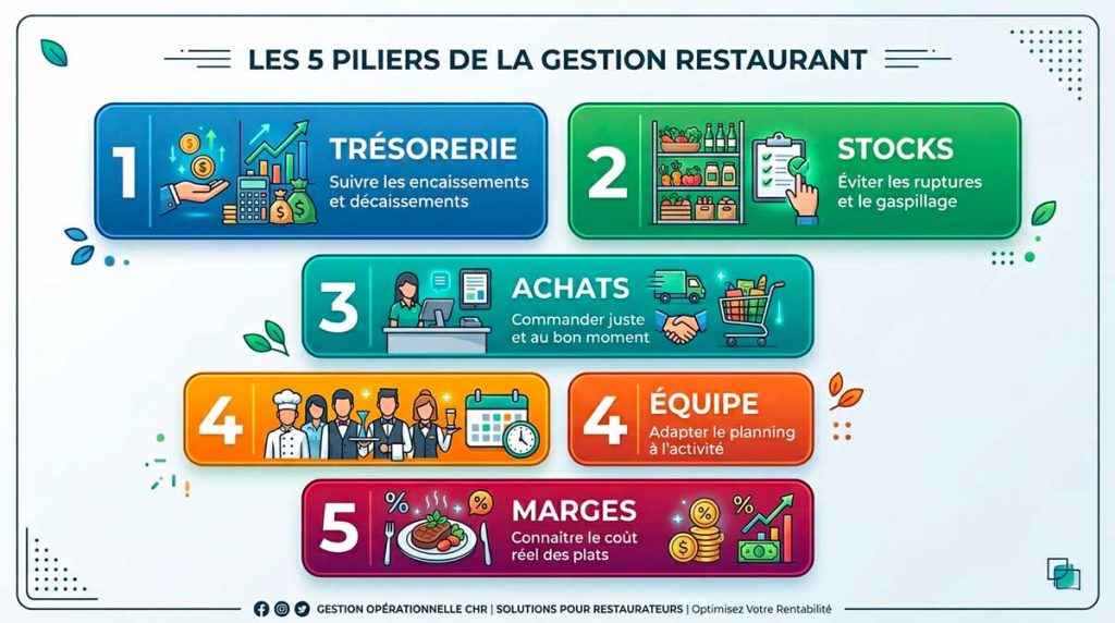 infographie moderne et élégante en français sur le thème “Les 5 piliers de la gestion restaurant”, design éditorial premium, fond clair, style professionnel CHR, pictogrammes sobres et contemporains 5 blocs clairement hiérarchisés : 1. Trésorerie, 2. Stocks, 3. Achats, 4. Équipe, 5. Marges.