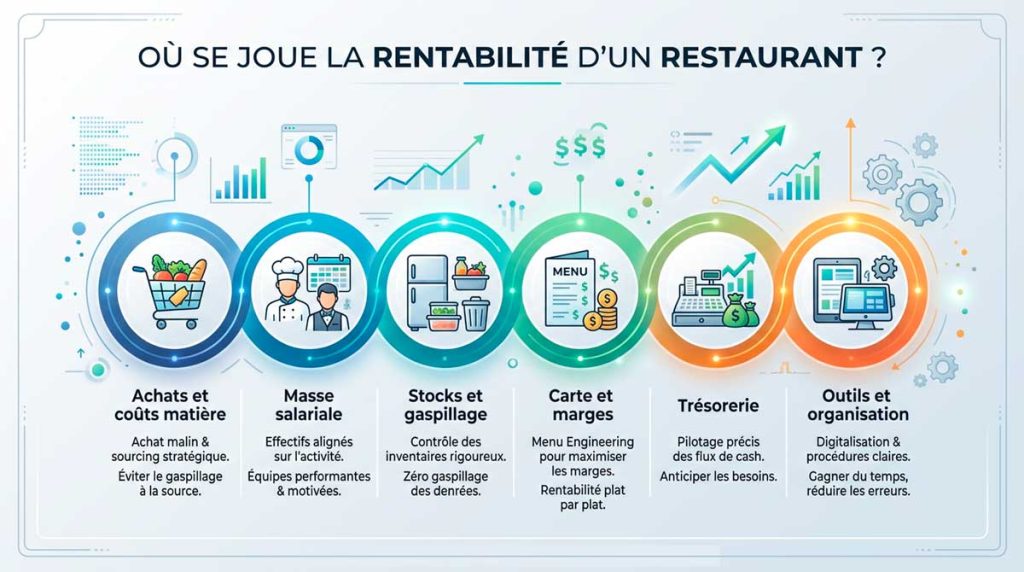 infographie statistique moderne en français intitulée “Où se joue la rentabilité d’un restaurant ?”, style dashboard premium, fond clair, design propre et lisible
