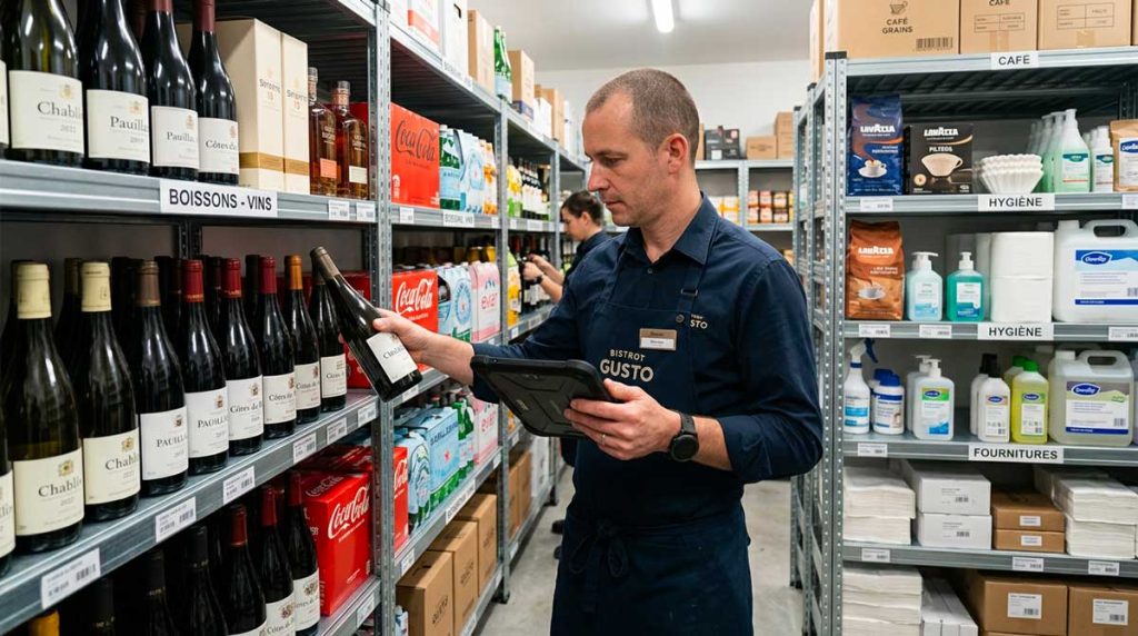 réserve de restaurant parfaitement organisée, rayonnages propres avec boissons, café, produits d’hygiène et fournitures CHR, un responsable vérifie les stocks avec une tablette, étiquettes visibles, logique FIFO, ambiance professionnelle