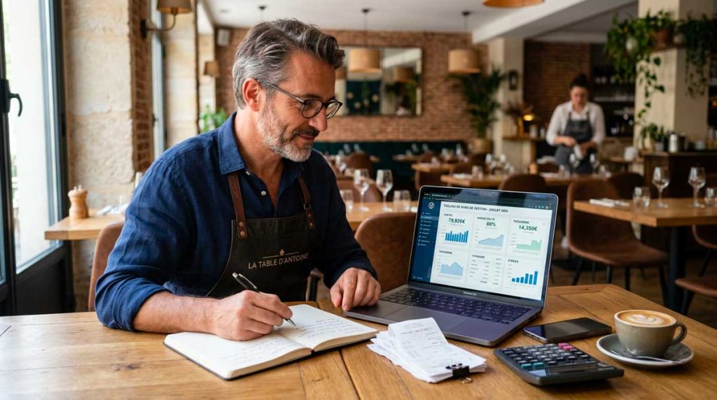 restaurateur assis à une table de travail dans son établissement, analysant un tableau de bord de gestion sur ordinateur portable avec chiffres de trésorerie, marges, stocks et ventes, tickets de caisse et carnet de notes à côté, décor de restaurant élégant en arrière-plan